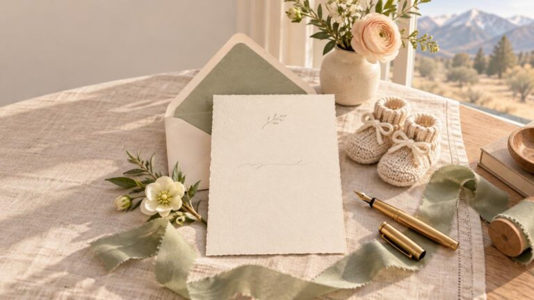 Warmly lit baby shower stationery scene with a deckle-edge invitation card, open envelope, knitted baby booties, flowers, sage ribbon, and a fountain pen on a linen-covered table beside a mountain-view window.