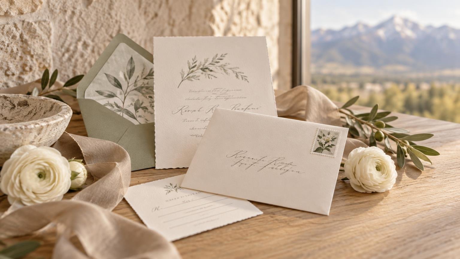 Wedding stationery arranged on a wooden table: a stamped cream envelope, floral-lined envelope, invitation cards, white ranunculus flowers, olive branches, ribbon, and a mountain view through a window.