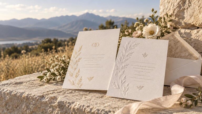 Warm outdoor flat-lay of two cream wedding invitations with botanical designs, a patterned envelope, pale flowers, ribbon, a stone ledge, and hazy mountains in the background.