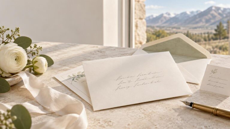 Wedding invitation envelopes and floral stationery on a sunlit stone table beside white flowers, silk ribbon, and a fountain pen, with mountains visible through a window.