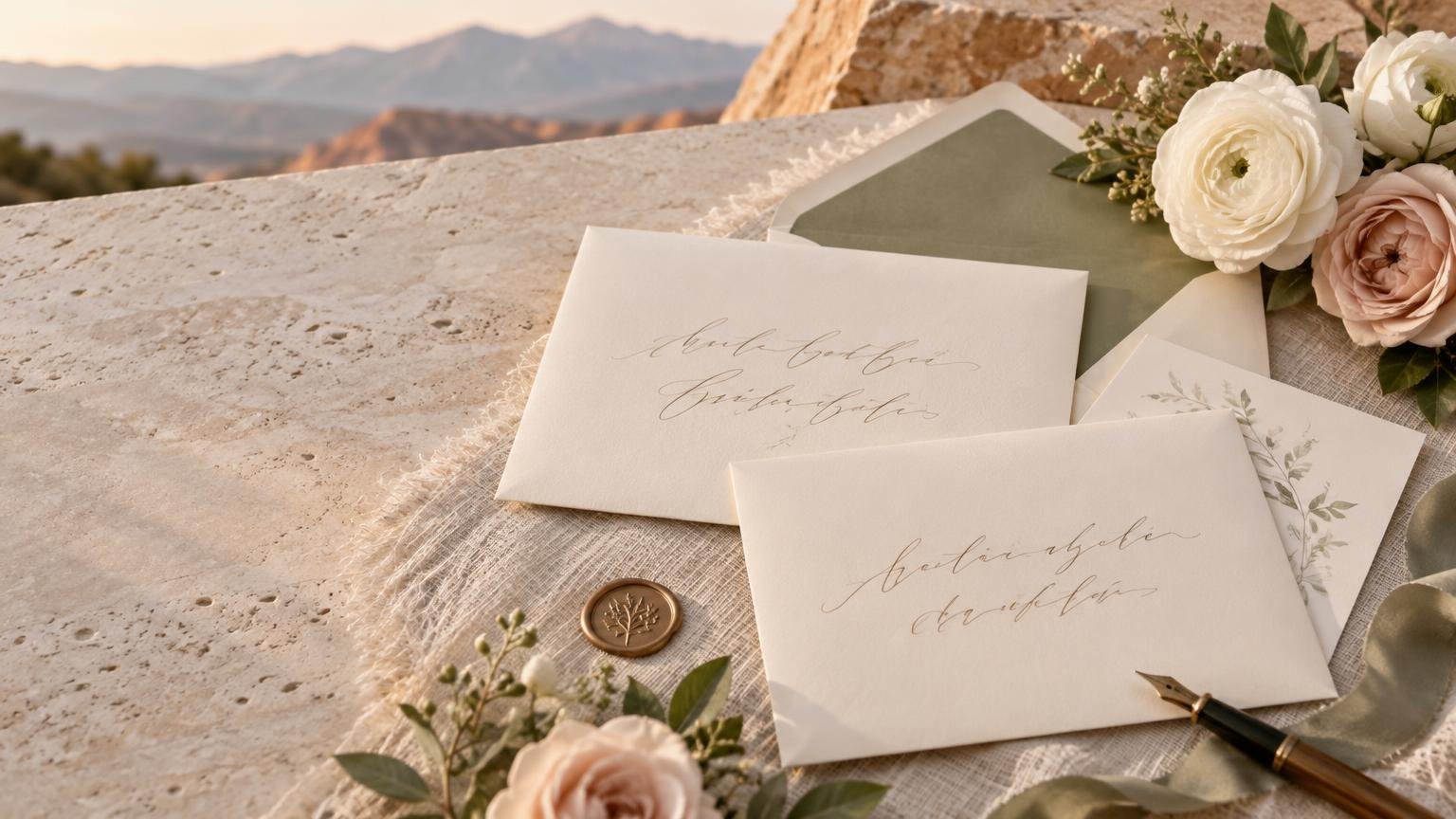 Wedding invitation envelopes with faint cursive addressing, a botanical wax seal, fountain pen, and blush-and-white flowers on textured stone, with mountains in the background.