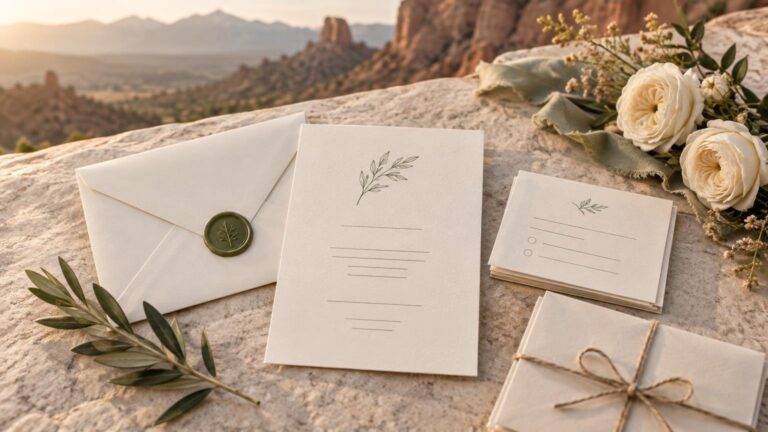 Cream wedding invitation suite with envelopes, RSVP cards, twine, olive leaves, and white roses arranged on a sunlit stone ledge overlooking a red-rock mountain landscape.