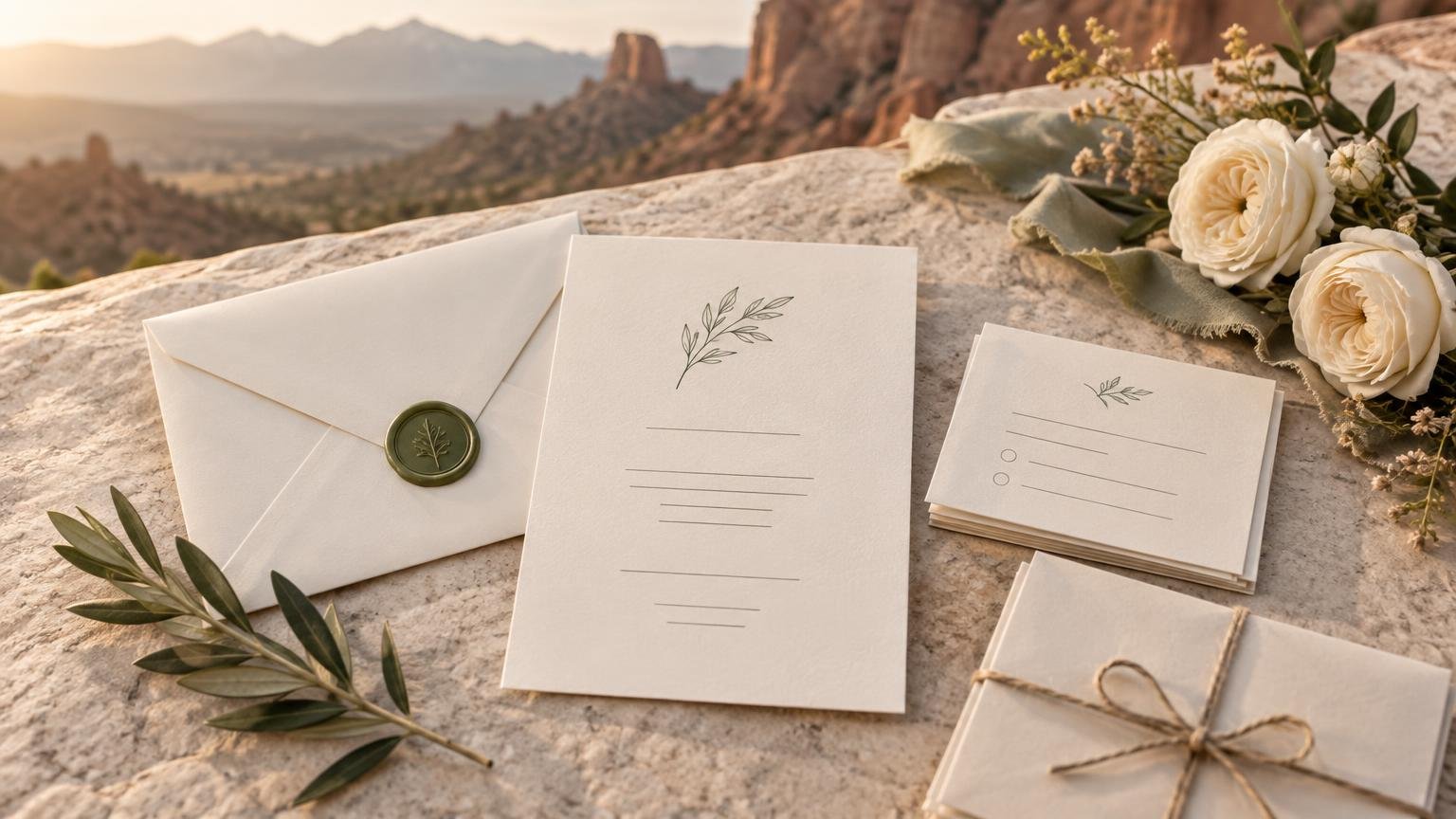 Cream wedding invitation suite with envelopes, RSVP cards, twine, olive leaves, and white roses arranged on a sunlit stone ledge overlooking a red-rock mountain landscape.