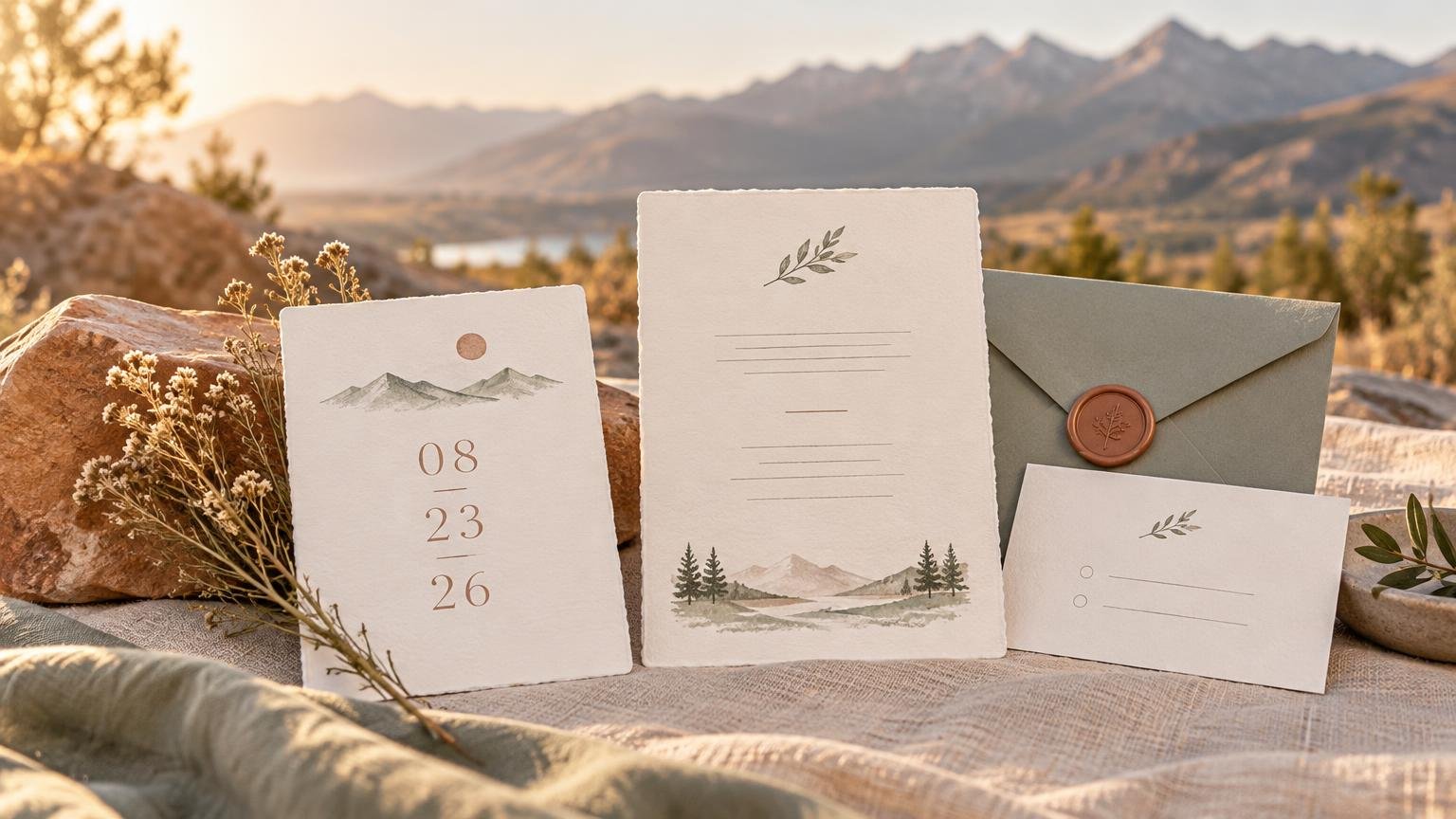 Warm outdoor flat lay of minimalist wedding stationery with mountain illustrations, a date card reading “08 23 26,” envelopes, dried flowers, and a wax seal, set against a sunlit mountain landscape.